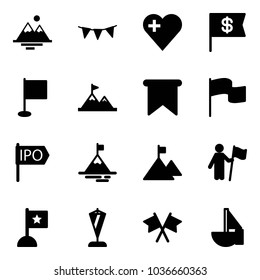 Solid vector icon set - mountains vector, flag garland, heart, dollar, attainment, ipo, mountain, win, pennant, flags cross, sailboat toy