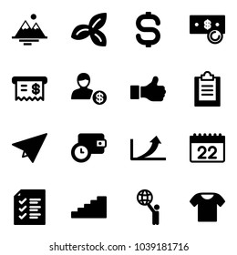 Solid vector icon set - mountains vector, three leafs, dollar sign, cash, receipt, account, like, clipboard, paper plane, wallet time, growth arrow, calendar, list, stairs, world, t shirt