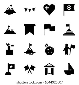 Solid vector icon set - mountains vector, flag garland, heart, dollar, attainment, pyramid, win, mountain, moon, flags cross, pennant, sailboat toy