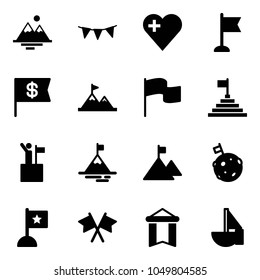 Solid vector icon set - mountains vector, flag garland, heart, dollar, attainment, pyramid, win, mountain, moon, flags cross, pennant, sailboat toy