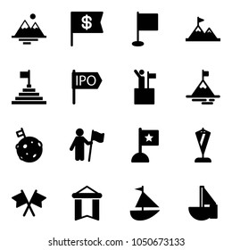 Solid vector icon set - mountains vector, dollar flag, attainment, pyramid, ipo, win, mountain, moon, pennant, flags cross, sailboat toy