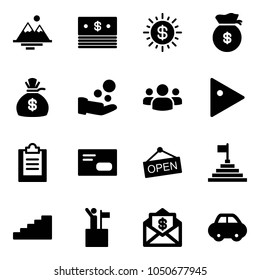 Solid vector icon set - mountains vector, dollar, sun, money bag, cash pay, group, play, clipboard, envelope, open, pyramid flag, stairs, win, mail, car