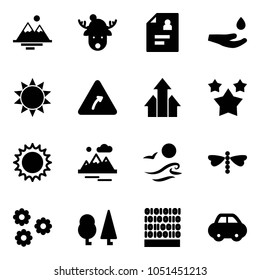 Solid vector icon set - mountains vector, christmas deer hat, patient card, drop hand, sun, turn right road sign, arrows up, stars, waves, dragonfly, flower, forest, binary code, car