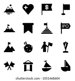 Solid vector icon set - mountains vector, heart, dollar flag, attainment, pyramid, ipo, mountain, moon, win, pennant, flags cross, sailboat toy