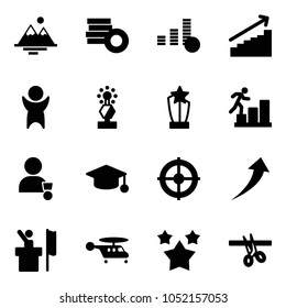 Solid vector icon set - mountains vector, coin, growth, success, award, career, winner, graduate hat, target, speaker, helicopter, stars, opening