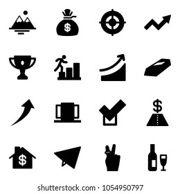Solid vector icon set - mountains vector, money bag, target, growth arrow, gold cup, career, rise, doors, check, dollar, home, paper fly, victory, wine
