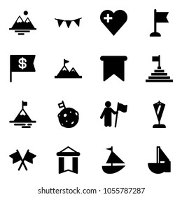 Solid vector icon set - mountains vector, flag garland, heart, dollar, attainment, pyramid, mountain, moon, win, pennant, flags cross, sailboat toy