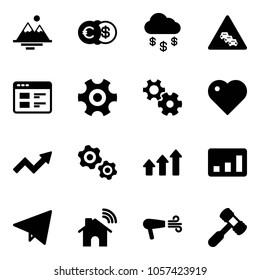Solid vector icon set - mountains vector, euro dollar, money rain, multi lane traffic road sign, website, gear, heart, growth arrow, gears, arrows up, statistics, paper fly, wireless home, dryer