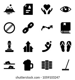 Solid vector icon set - mountains vector, patient card, heart care, eye, no limit road sign, link, chart point arrow, book, pawn, arrows up, flying man, flip flops, beer, carbon, rake