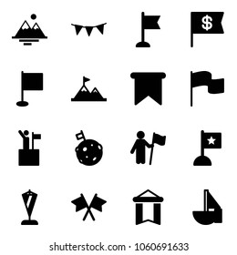 Solid vector icon set - mountains vector, flag garland, dollar, attainment, win, moon, pennant, flags cross, sailboat toy