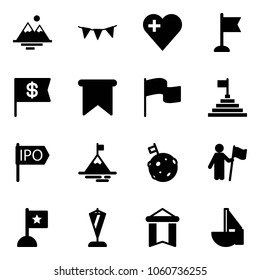 Solid vector icon set - mountains vector, flag garland, heart, dollar, pyramid, ipo, mountain, moon, win, pennant, sailboat toy