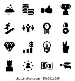 Solid vector icon set - mountains vector, coin, like, cup, career, team leader, gold medal, star, diamond, dollar chart, business idea, victory, king, man, money, helicopter