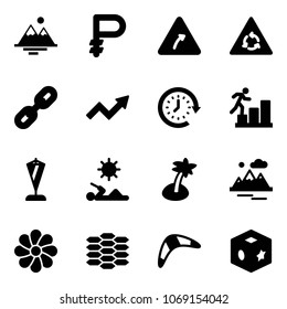 Solid Vector Icon Set - Mountains Vector, Ruble, Turn Right Road Sign, Round Motion, Link, Growth Arrow, Clock Around, Career, Pennant, Reading, Palm, Flower, Carbon, Boomerang, Cube Toy