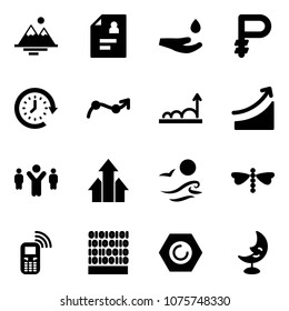 Solid vector icon set - mountains vector, patient card, drop hand, ruble, clock around, chart point arrow, growth, rise, team leader, arrows up, waves, dragonfly, mobile phone, binary code, nut