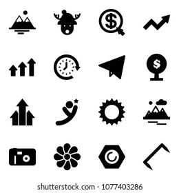 Solid vector icon set - mountains vector, christmas deer hat, money click, growth arrow, arrows up, clock around, paper fly, tree, flying man, sun, photo, flower, nut, staple
