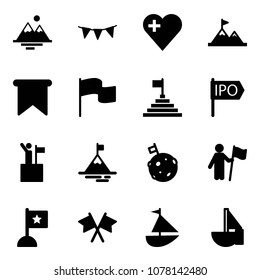 Solid vector icon set - mountains vector, flag garland, heart, attainment, pyramid, ipo, win, mountain, moon, flags cross, sailboat toy