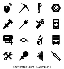 Solid vector icon set - mouse wireless vector, axe, nut, nail dowel, wood drill, Angular grinder, multimeter, jig saw, jack, winch, tool cabinet, wrench hammer, oiler, allen key set, forceps