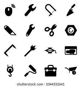 Solid vector icon set - mouse wireless vector, wrench, fretsaw, trowel, work knife, scissors, nut, staple, wood drill, jack, generator, winch, paint roller, tool box, wheelbarrow