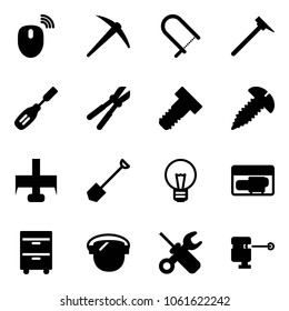 Solid vector icon set - mouse wireless vector, axe, fretsaw, mason hammer, chisel, bolt cutter, screw, milling, shovel, bulb, generator, tool cabinet, protect glass, wrench screwdriver, laser lever