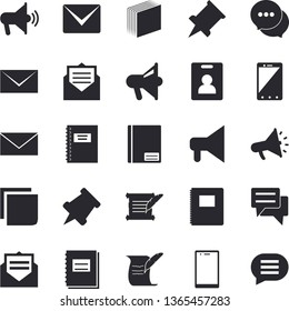 Solid vector icon set - mouthpiece flat vector, chat, notebook, sticker, mail, hostory roll, pushpin, indentity card fector, message, envelope, mobile