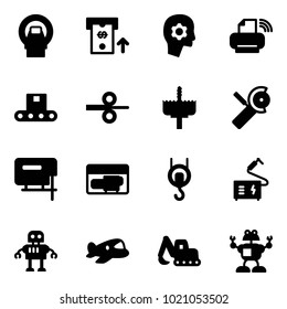 Solid vector icon set - mri vector, atm, brain work, printer wireless, conveyor, steel rolling, crown drill, Angular grinder, jig saw, generator, winch, welding, robot, plane toy, excavator