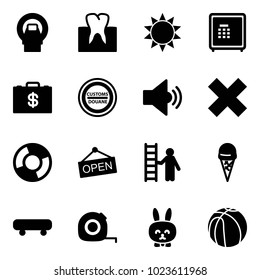 Solid vector icon set - mri vector, tooth, sun, safe, money case, customs road sign, volume medium, delete cross, circle chart, open, opportunity, ice cream, skateboard, measuring tape, toy rabbit