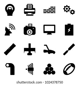 Solid vector icon set - mri vector, printer, brick wall, gear, satellite antenna, camera, monitor, battery, level, milling cutter, lawn mower, rasp, allen key, set, billiards balls, football