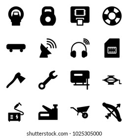 Solid vector icon set - mri vector, weight, atm, lifebuoy, skateboard, satellite antenna, wireless headphones, sim, axe, wrench, jig saw, jack, welding, stapler, wheelbarrow, bow