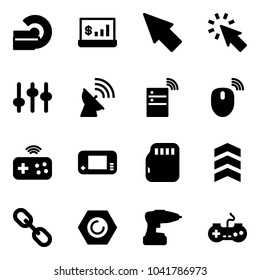Solid vector icon set - mri vector, account statistics, cursor, settings, satellite antenna, server wireless, mouse, joystick, game console, micro flash card, chevron, link, nut, drill, gamepad