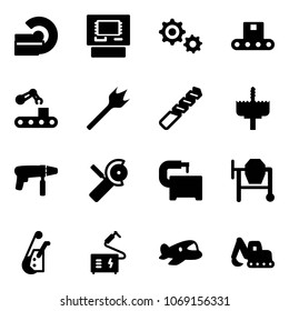 Solid vector icon set - mri vector, atm, gear, conveyor, wood drill, crown, machine, Angular grinder, tool, cocncrete mixer, winch, welding, plane toy, excavator