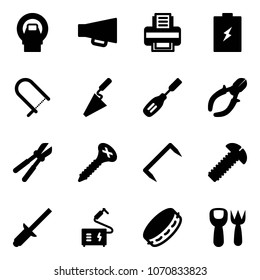 Solid vector icon set - mri vector, loudspeaker, printer, battery, fretsaw, trowel, chisel, side cutters, bolt cutter, screw, staple, clinch, welding, tambourine, shovel fork toy