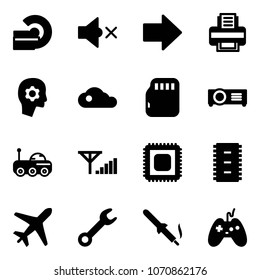 Solid vector icon set - mri vector, volume off, right arrow, printer, brain work, cloud, micro flash card, projector, moon rover, fine signal, cpu, chip, plane, wrench, soldering iron, joystick