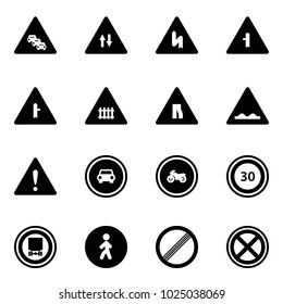 Solid vector icon set - multi lane traffic vector road sign, oncoming, intersection, railway, narrows, rough, attention, no car, moto, speed limit 30, dangerous cargo, pedestrian way, stop