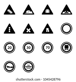 Solid vector icon set - multi lane traffic vector road sign, climb, tunnel, drawbridge, light, railway intersection, narrows, prohibition, speed limit 20, 30, 70, no dangerous cargo, cart horse