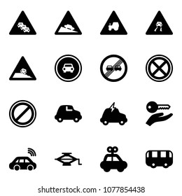 Solid vector icon set - multi lane traffic vector road sign, steep descent, tractor way, slippery, roadside, no car, end overtake limit, stop, parking, electric, key hand, wireless, jack, toy, bus