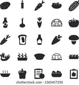 Solid vector icon set - mushroom flat vector, potato, tomato, ketchup, onion, carrot, salad, soup, bell pepper, hot peppers, cucumber, canape, sandwich, seedlings, greenhouse, diet