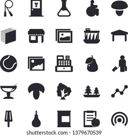 Solid vector icon set - mushroom flat vector, ice cream, pear, tree, chemistry, forest, hydroelectric power station, store front, warehouse, scatter chart, cash machine, disabled, sticker, diet