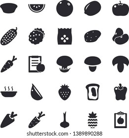 Solid vector icon set - mushroom flat vector, potato, legumes, lemon, onion, carrot, watermelon, soup, garlic, bell pepper, tomato, cucumber, Strawberry, blackberry, pineapple, sandwich, orange