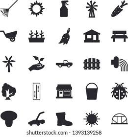 Solid vector icon set - mushroom flat vector, thermometer, windmill, pickup truck, carrot, tree, pulverizer, ladybird, grain warehouse, fence, paint brush, seedlings, rake, bucketful, gumboots, sun