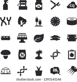 Solid vector icon set - mushroom flat vector, canned food, fish, jam, ear, fertilizer vectory, well, home plant, tree, flower, pulverizer, secateurs, seedlings, bench, greenhouse, solar battery, dna