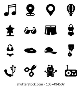 Solid vector icon set - music vector, map pin, air balloon, award, sunglasses, swimsuit, woman hat, cap, piston, phone, scissors, robot, radio