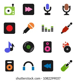 solid vector icon set - music vector, disk, hit, microphone, radio, equalizer, headphones, speaker, forward button, backward, rec, jack