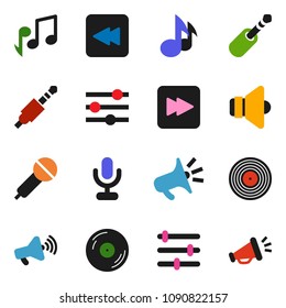 solid vector icon set - music vector, disk, microphone, speaker, loudspeaker, forward button, backward, jack, equalizer