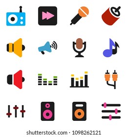 solid vector icon set - music vector, microphone, radio, speaker, loudspeaker, settings, equalizer, forward button, rca