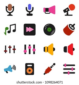 solid vector icon set - music vector, disk, microphone, speaker, loudspeaker, settings, forward button, rca, jack, equalizer