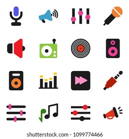 solid vector icon set - music vector, disk, microphone, radio, speaker, loudspeaker, settings, equalizer, forward button, jack