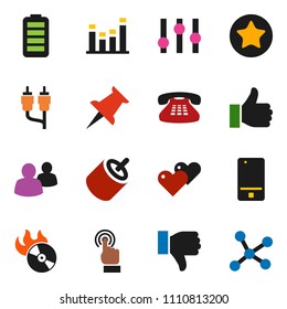 solid vector icon set - music hit vector, settings, equalizer, mobile phone, touchscreen, classic, group, finger up, down, favorites, heart, thumbtack, battery, rca, network