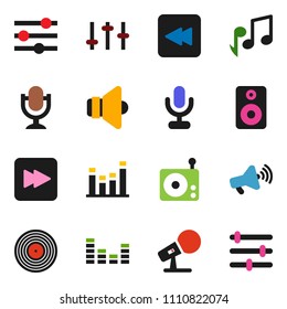 solid vector icon set - music vector, disk, microphone, radio, speaker, loudspeaker, settings, equalizer, forward button, backward