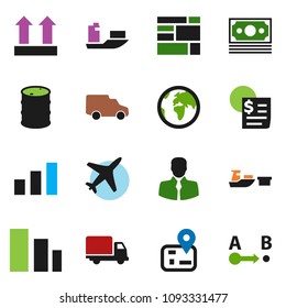 solid vector icon set - navigator vector, earth, plane, money, client, ship, delivery, car, receipt, port, consolidated cargo, top sign, sorting, oil barrel, route
