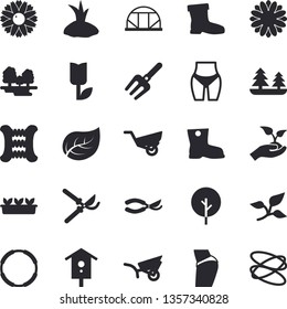 Solid vector icon set - nesting box flat vector, tree, flower, pitchfork, secateurs, seedlings, planting plants, garden wheelbarrow, gumboots, tulip, greenhouse, leaf, forest, buttocks, waistline